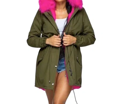 Daisy Hooded Coat With Hot Pink Fur In Olive In Green