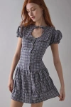 Daisy Street Angel Drop Waist Button-front Plaid Mini Dress In Blue, Women's At Urban Outfitters In Gray