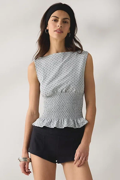 Daisy Street Bonbon Polka Dot Boatneck Smocked Top In Grey Polka Dot, Women's At Urban Outfitters In Blue