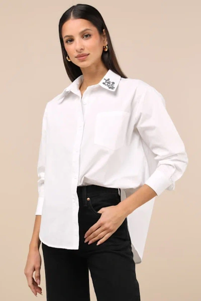 Daisy Street Chic Flourishment White Embroidered Button-up Top