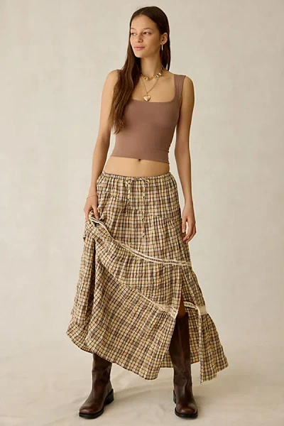 Daisy Street Clove Asymmetric Tiered Maxi Skirt In Tan, Women's At Urban Outfitters In Multi