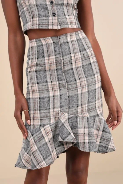 Daisy Street Convincingly Posh Grey Faded Plaid Ruffle Hem Midi Skirt