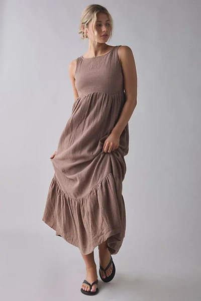 Daisy Street Cotton Tie-back Tiered Maxi Dress In Light Brown, Women's At Urban Outfitters
