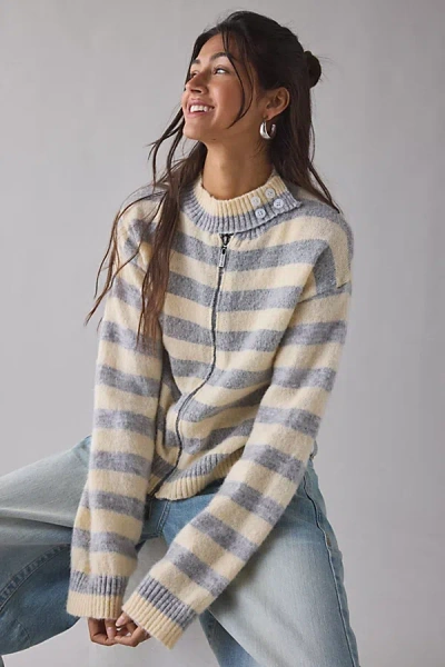 Daisy Street Crumble Striped Zip-up Cardigan In Light Yellow Stripe, Women's At Urban Outfitters In Blue