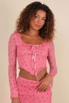 Daisy Street Cutest Appeal Pink Floral Mesh Bow Ruffled Long Sleeve Crop Top In Pink
