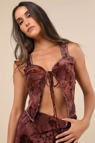 Daisy Street Devore Dark Pink Mesh Velvet Floral Tie-front Cropped Tank Top
