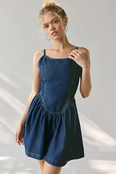 Daisy Street Drop Waist Denim Mini Dress In Indigo, Women's At Urban Outfitters In Blue