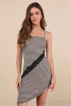 Daisy Street Edgy Delight Beige And Black Gingham Asymmetrical Mini Dress In Beige And Black
