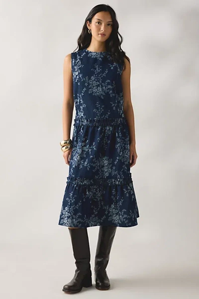 Daisy Street Flora Tiered Ruffle Denim Midi Dress In Blue, Women's At Urban Outfitters