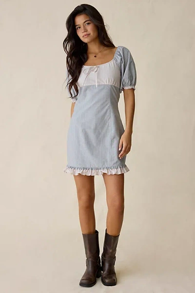 Daisy Street Fondant Mixed Stripe Puff Sleeve Mini Dress In Blue, Women's At Urban Outfitters