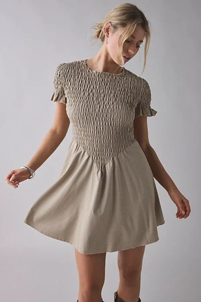 Daisy Street Gingham Basque Waist Shirred Mini Dress In Tan, Women's At Urban Outfitters In Neutral