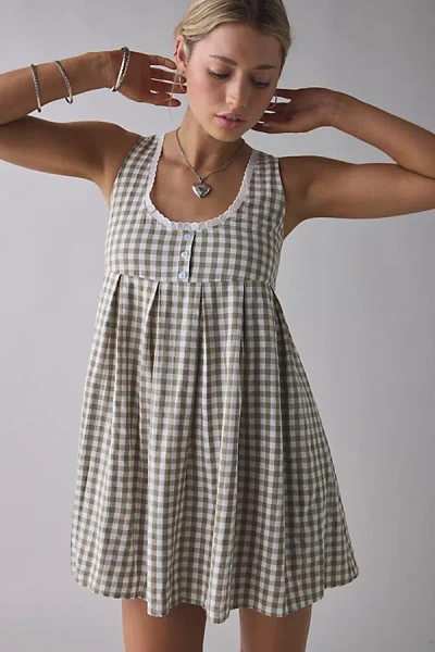 Daisy Street Gingham Lace Trim Babydoll Mini Dress In Green, Women's At Urban Outfitters In Gray
