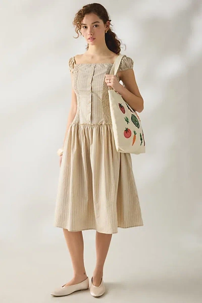 Daisy Street Glow Drop Waist Smocked Midi Dress In Tan, Women's At Urban Outfitters In Brown