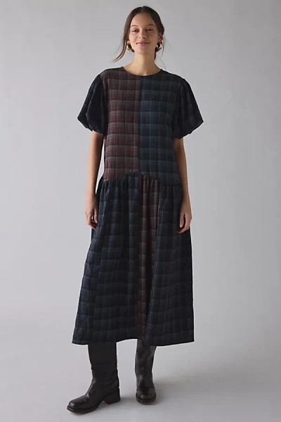 Daisy Street Heath Patchwork Plaid Puff Sleeve Flounce Midi Dress In Mixed Check, Women's At Urban Outfitters In Multi