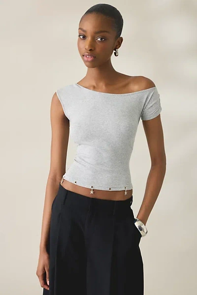 Daisy Street Mabel Charmed Grommet Detail Off-the-shoulder Top In Grey, Women's At Urban Outfitters In Gray