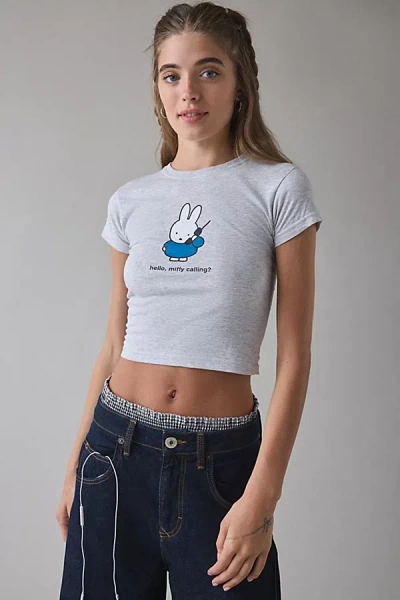 Daisy Street Miffy Calling Graphic Baby Tee In Light Grey, Women's At Urban Outfitters In White