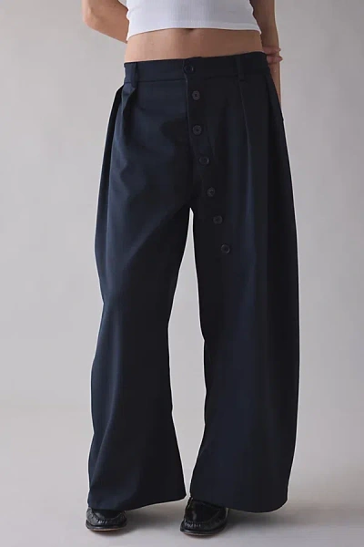 Daisy Street Muse Button-leg Baggy Trouser Pant In Navy, Women's At Urban Outfitters In Blue