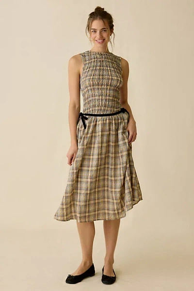 Daisy Street Nola Drop Waist Smocked Midi Dress In Yellow, Women's At Urban Outfitters In Gray