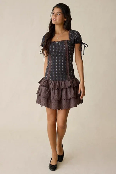Daisy Street Orchard Drop Waist Ruffle Mini Dress In Brown, Women's At Urban Outfitters