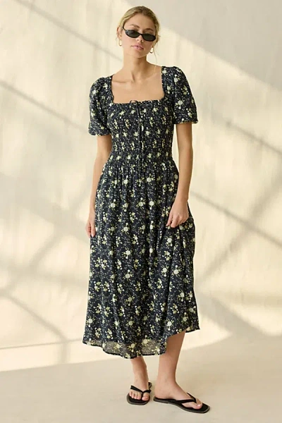 Daisy Street Picnic Perfect Smocked Puff Sleeve Midi Dress In Black, Women's At Urban Outfitters