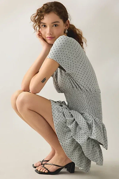 Daisy Street Polka Dot Smocked Drop Waist Ruffle Romper In Grey, Women's At Urban Outfitters In Gray