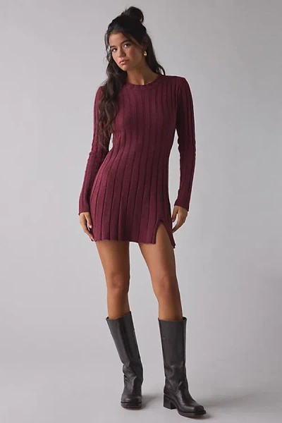 Daisy Street Ribbed Knit Long Sleeve Mini Dress In Maroon, Women's At Urban Outfitters In Burgundy