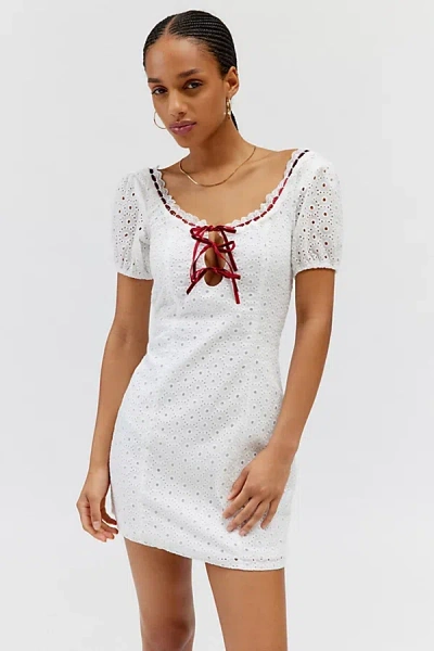 Daisy Street Ribbon Detail Eyelet Mini Dress In Cream, Women's At Urban Outfitters In White
