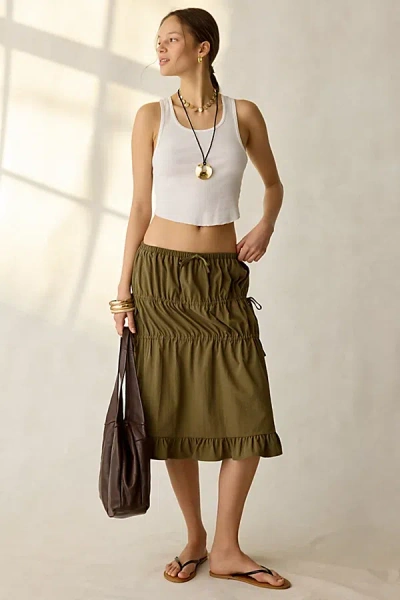 Daisy Street Ruched Side-tie Midi Skirt In Khaki, Women's At Urban Outfitters In Brown