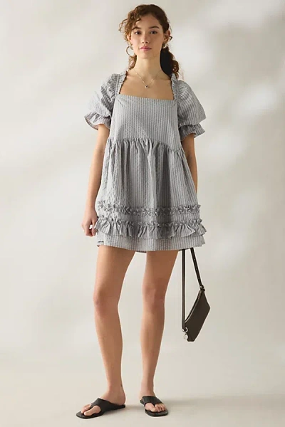 Daisy Street Seersucker Cotton Puff Sleeve Mini Dress In Grey, Women's At Urban Outfitters In Gray