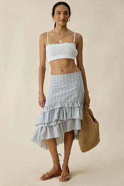 Daisy Street Seren Asymmetric Tiered Ruffle High-low Midi Skirt In Light Blue, Women's At Urban Outfitters In Gray