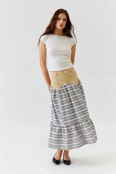 Daisy Street Spliced Checkered Frill Maxi Skirt In Blue Stripe, Women's At Urban Outfitters In White