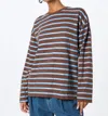 Daisy Street Striped Crew Neck Long Sleeve Top In Navy/brown In Brown