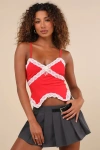 Daisy Street Sweetheart Mood Red And White Lace Cropped Tank Top In Red And White
