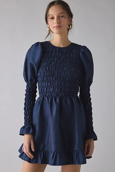 Daisy Street Thorn Puff Long Sleeve Ruched Ruffle Mini Dress In Navy, Women's At Urban Outfitters In Blue