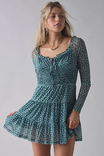 Daisy Street Tie-front Long Sleeve Milkmaid Mini Dress In Green, Women's At Urban Outfitters In Multi