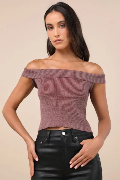 Daisy Street Total Charisma Burgundy Marled Ribbed Off-the-shoulder Crop Top
