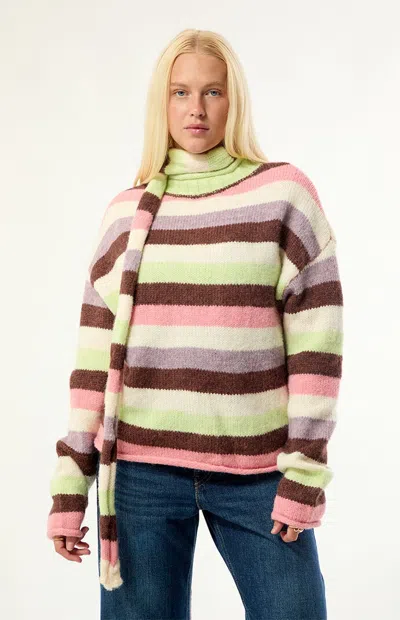 Daisy Street Multi Stripe Roll Detail Neck Cropped Sweater In Pink