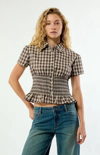 Daisy Street Women's Honey Plaid Short Sleeve Polo Top In Brown