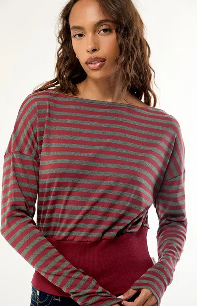 Daisy Street Women's Ruella Striped Long Sleeve Top In Burgundy