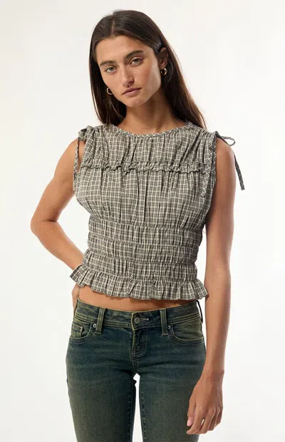 Daisy Street Women's Sherbert Plaid Ruffle Top In Brown