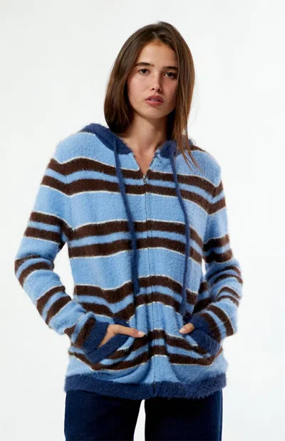 Daisy Street Women's Striped Fluffy Knit Zip Up Hooded Sweater In Brown/blue