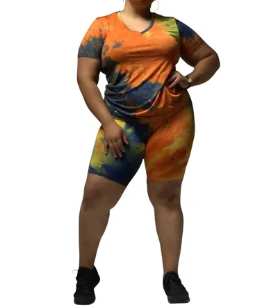 Daisy Tie Dye V-neck Short Set In Orange Multi