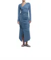 Dal The Label Ruched Asymmetric Midi Dress In Blue Gray In Blue
