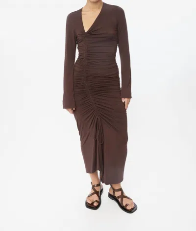 Dal The Label Ruched Asymmetric Midi Dress In Ivory In Brown