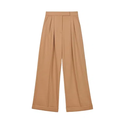 Dal The Label Women's Brown Wool Blend Pleated Wide Leg Pants Toffee