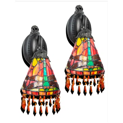 Dale Tiffany 6" Wide Dragonfly Beaded 2-piece Tiffany Wall Sconce Set