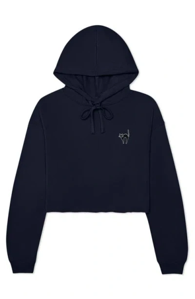 Dalix Black Cat Cropped Fleece Hoodie In Navy Blue