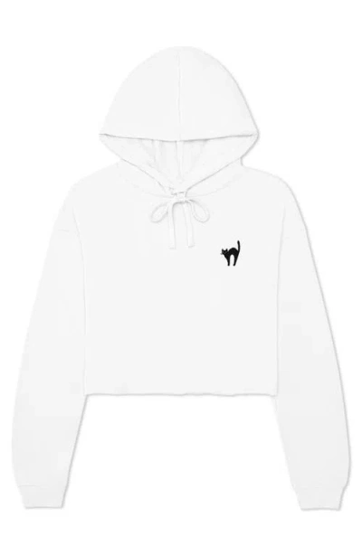 Dalix Black Cat Cropped Fleece Hoodie In White
