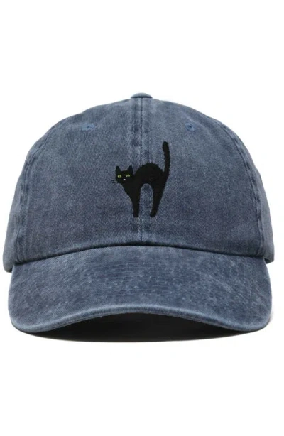 Dalix Black Cat Embroidered Casual Hat In Washed Navy Blue