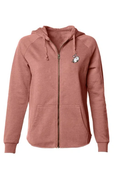Dalix Heartly Ghost Zip Fleece Hoodie In Dusty Rose